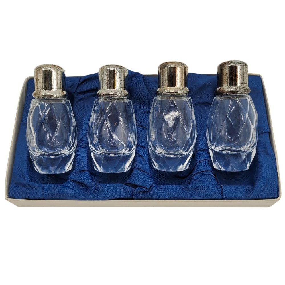 Vintage Set 4 Leonard Silver Color Top Glass Salt & Pepper Shakers No.9535  Used